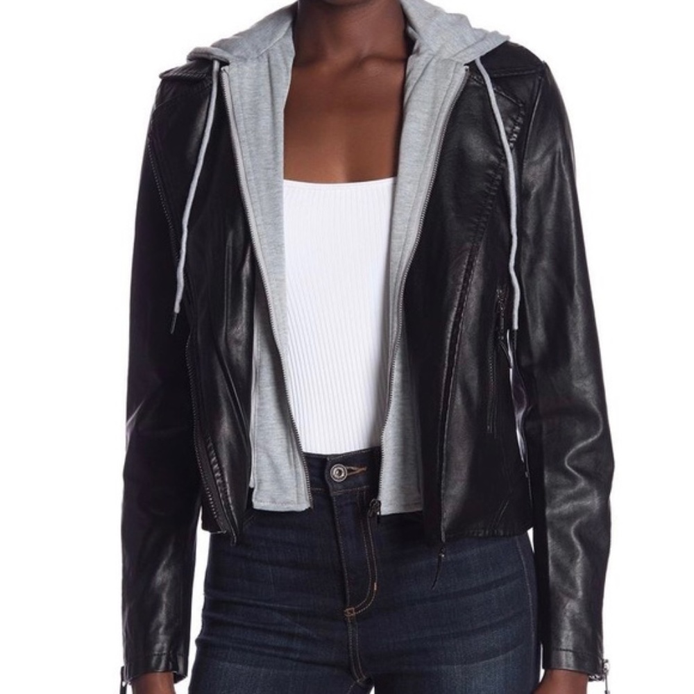 Faux Leather Moto Hooded Jacket